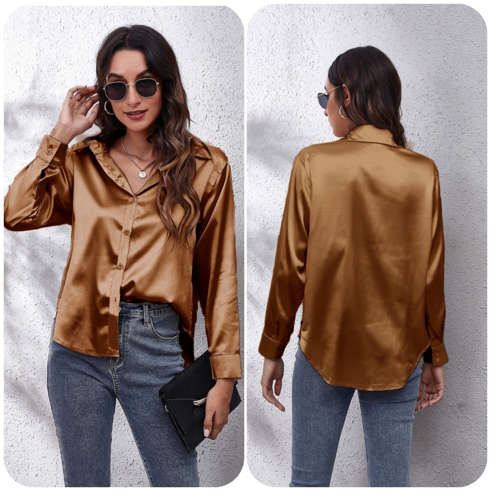Caramel Collared Neck Buttoned Long Sleeve Shirt